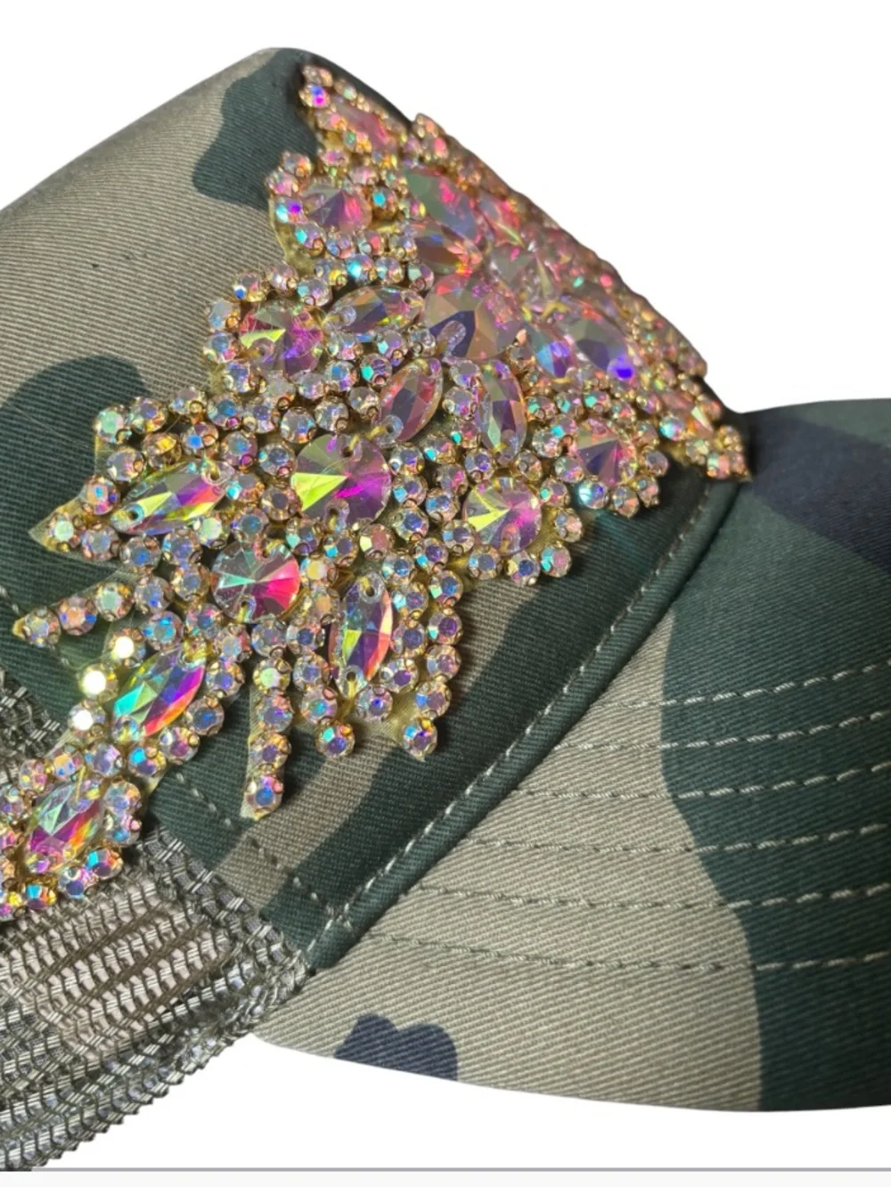 Camo Statement Trucker Hat with IAB Crystal Appliqué